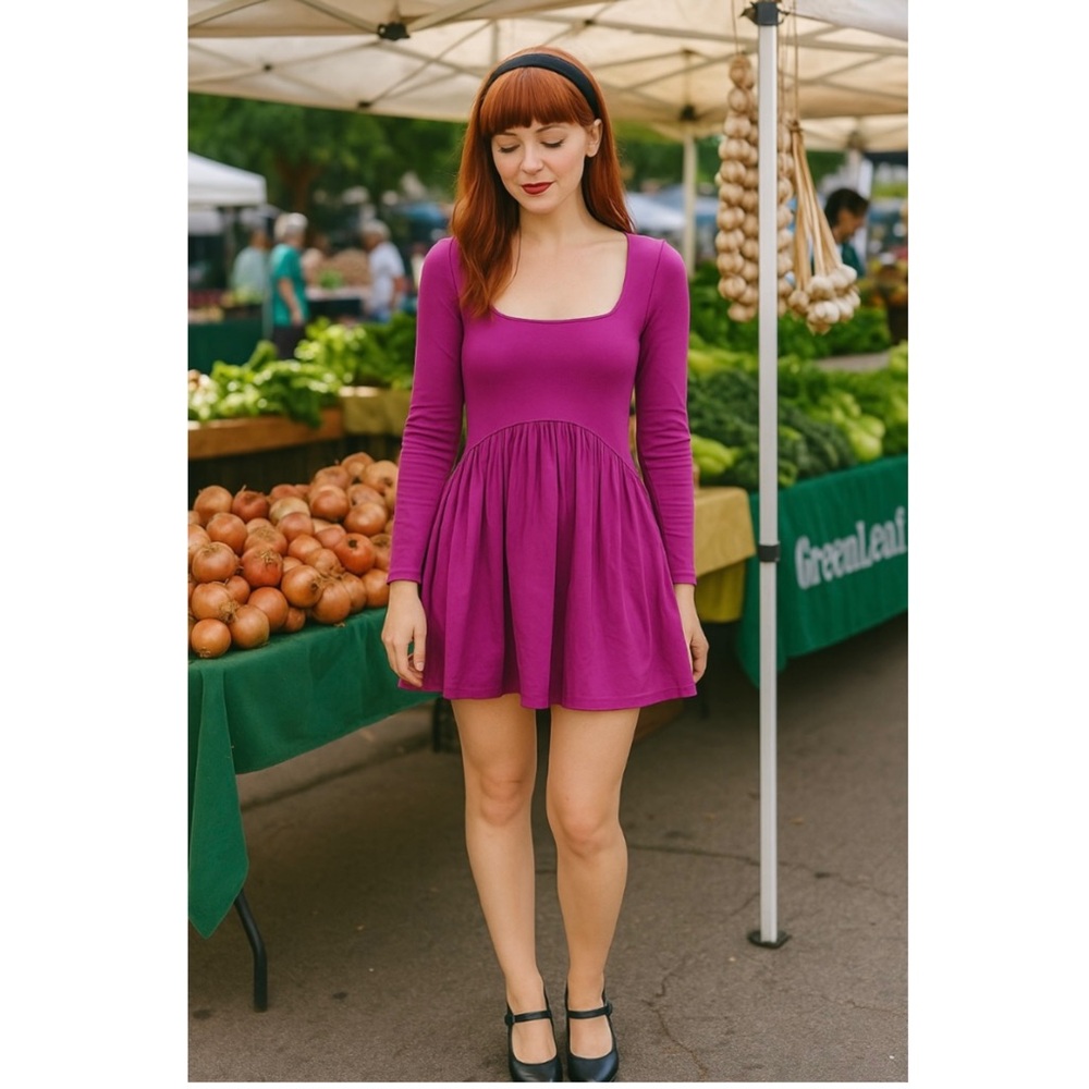 STAUD Magenta Long Sleeve Scoop Neck Curved Waist Pleated Skirt Babydoll Dress S